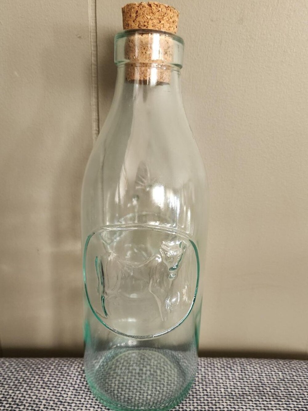 VINTAGE Italian Aqua Glass "Absolutely Pure Milk" Embossed Cow Bottle / Carafe